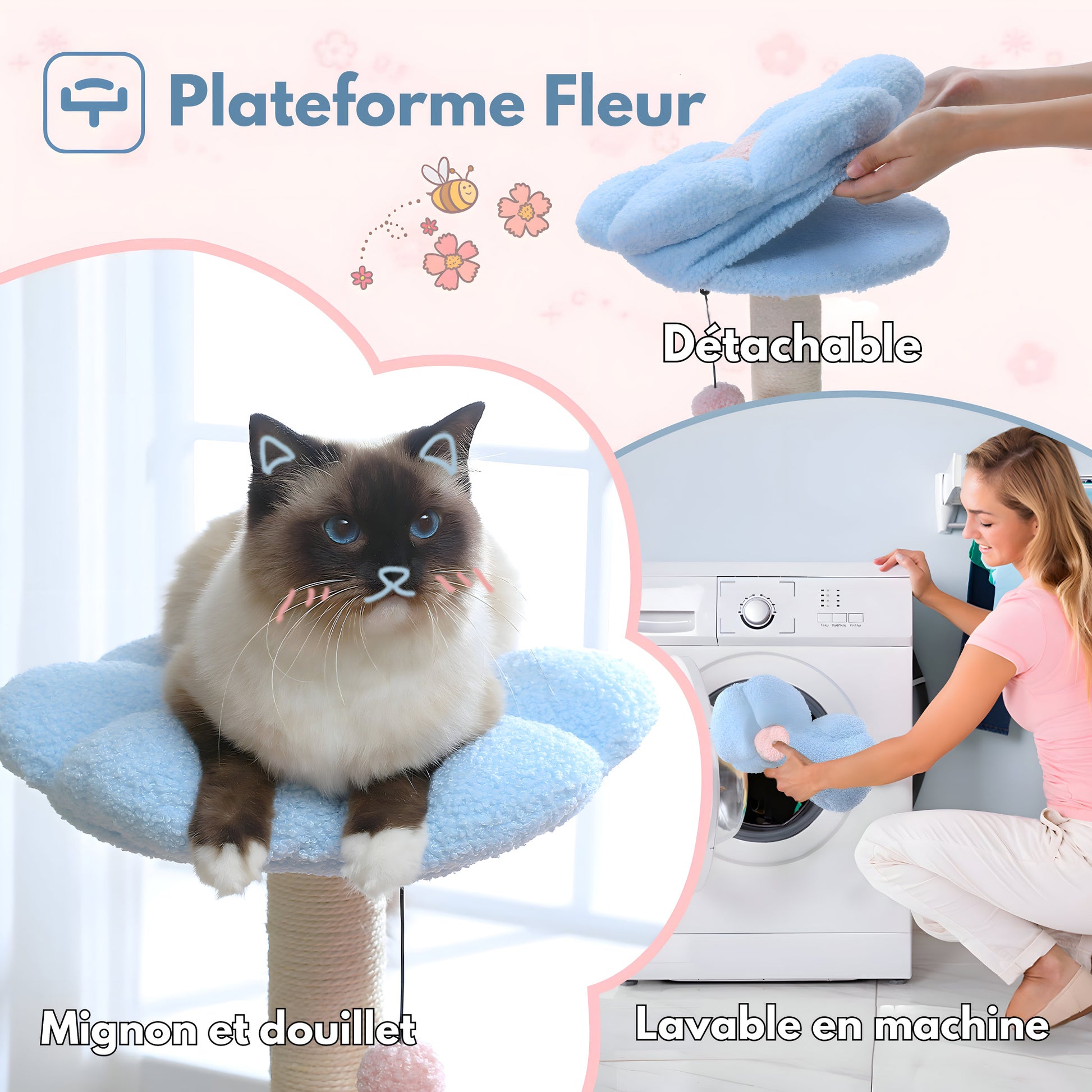 arbre à chat fleur rose plateforme détachable