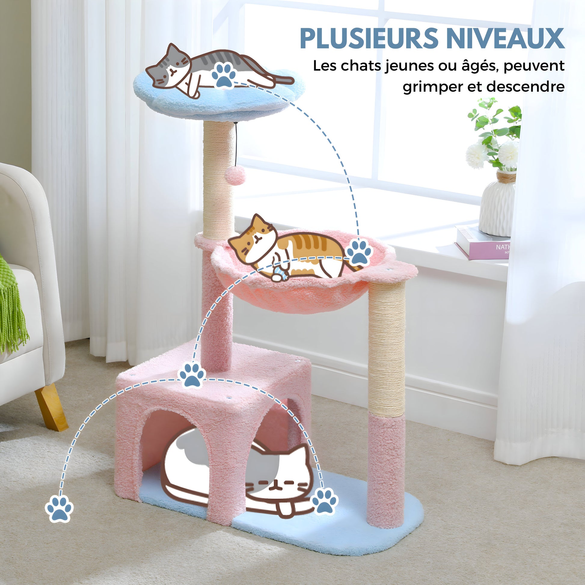 arbre à chat fleur rose plusieurs niveaux